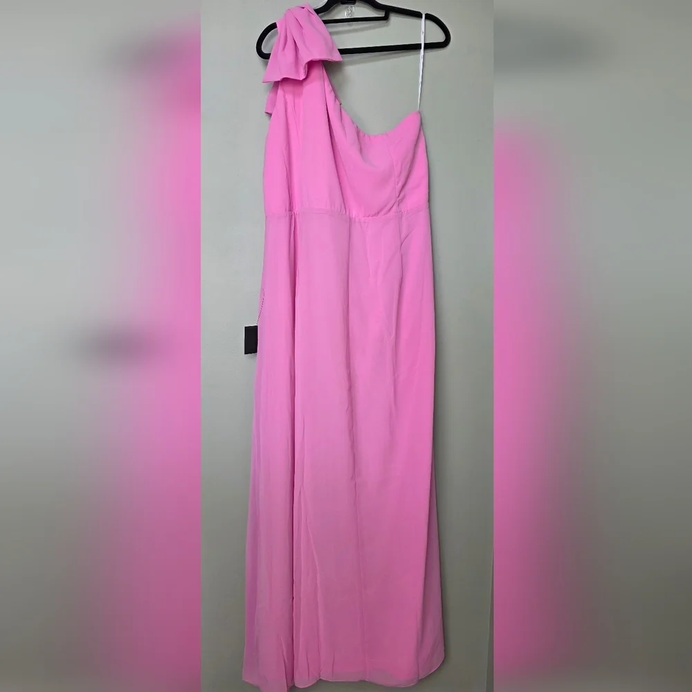 Lulus 3X Simply Brilliant Pink One-Shoulder Bow Maxi Dress, Size 3X
